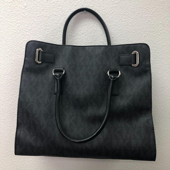 Michael Kors Black Logo Monogram Large Hamilton Satchel Bag Handbag Purse - Picture 2 of 8